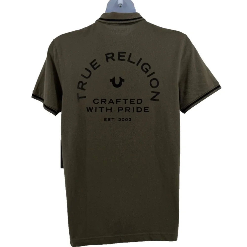 True Religion Crafted With Pride Polo Shirt Men's Large Olive Green Logo Graphic